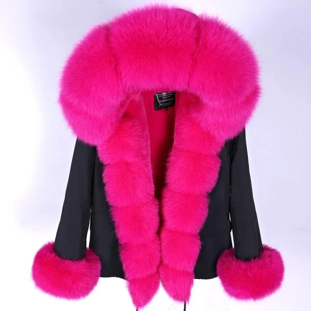 Winter Women's Natural Raccoon Fur Hooded Zipper Slim Short Coats & Jackets