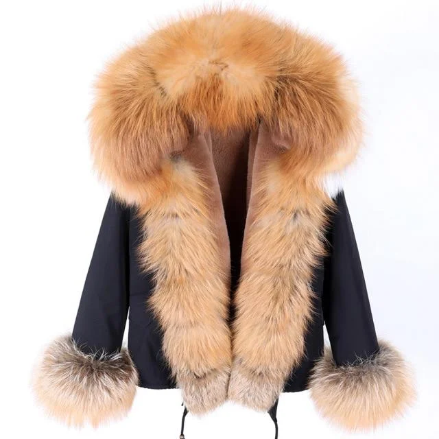 Winter Women's Thick Natural Raccoon Fur Hood Zipper Parka Coats & Jackets