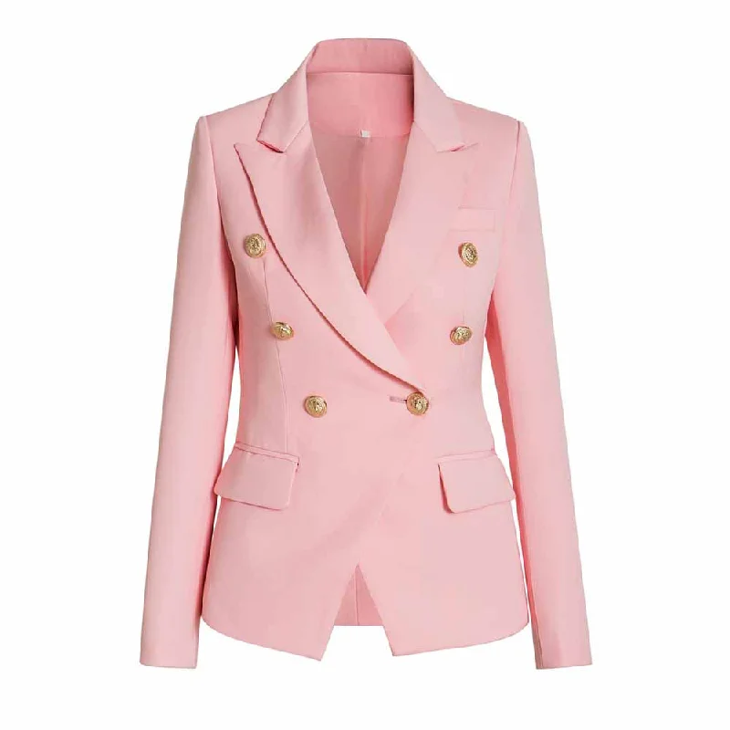 Women Double Breasted Blazer Gold Buttons Jacket in Pink Green,Yellow