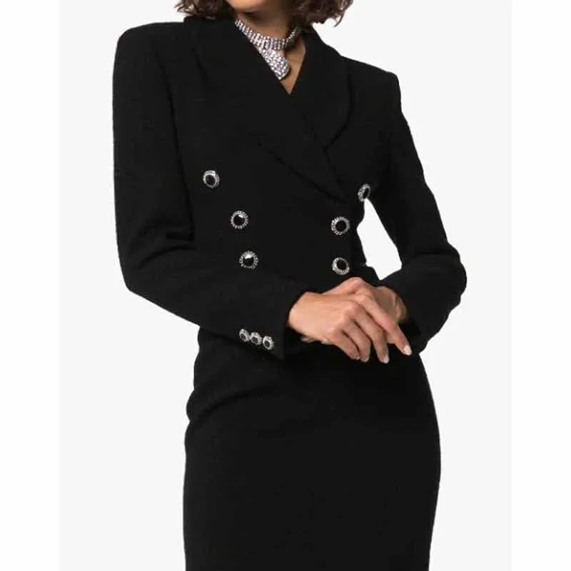 Women's Black Luxury Fitted Double Breasted Blazer with Lion Buttons - SLIM FIT