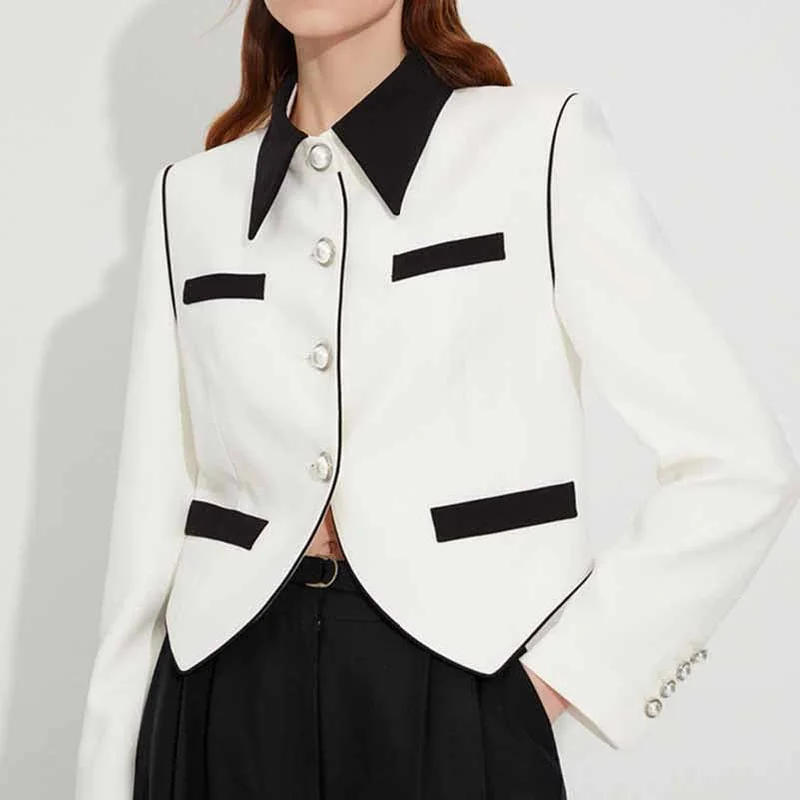 Women's Black Collar Fitted White Blazer Jacket