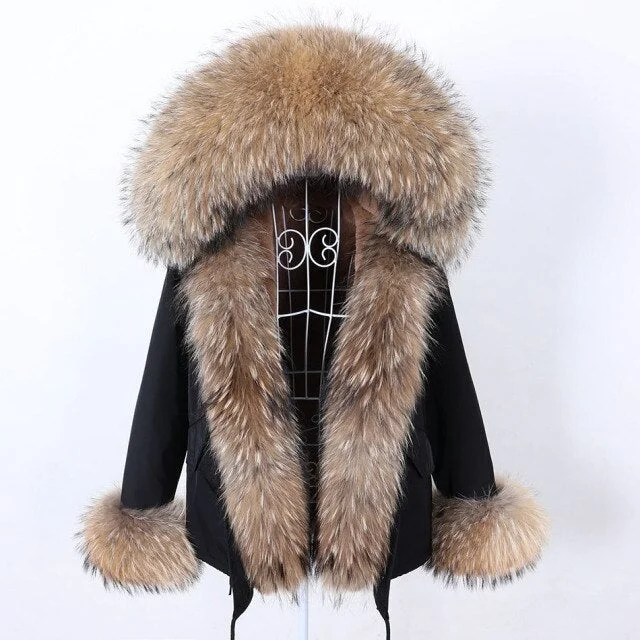 Women's High Street Winter Jacket with Long Sleeves and Racoon Fur Collar