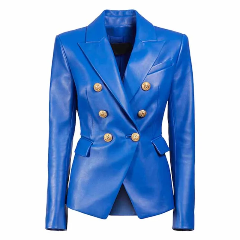 Women's Luxury Faux Leather Collar Fitted Blazer Golden Lion Buttons Royal Blue