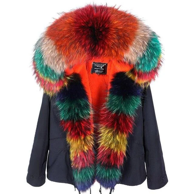 Women's Multicolor Racoon Fur Collared Full Sleeved Hooded Winter Jacket