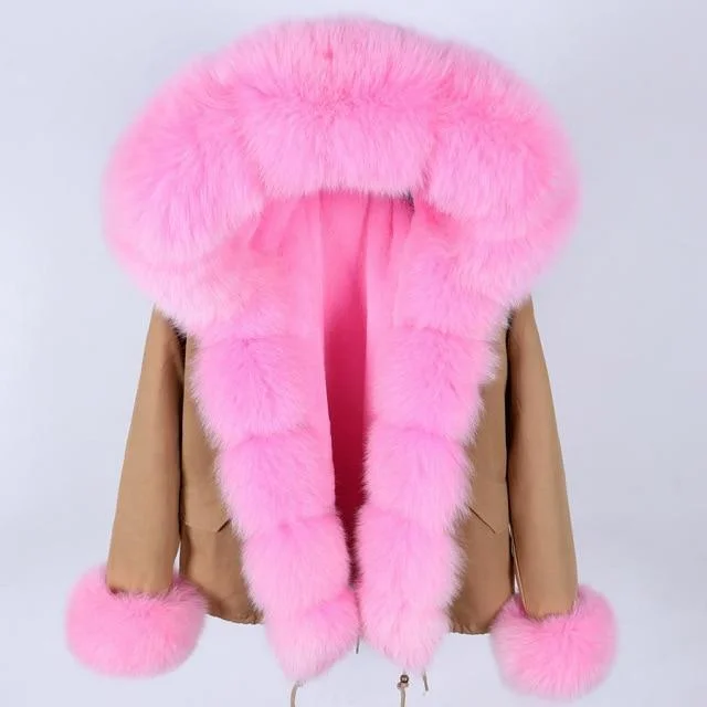 Women's Natural Raccoon Fur Hooded Zipper Slim Winter Jackets & Coats