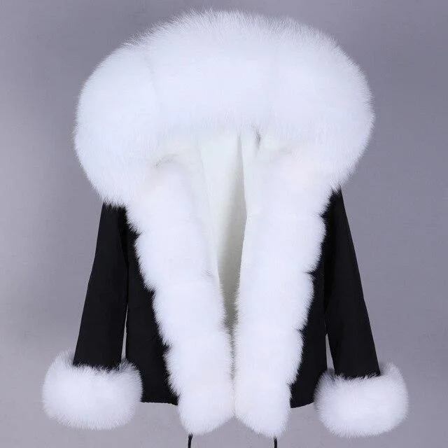 Women's Natural Raccoon Real Fox Fur Hood Winter Warm Short Coats & Jackets