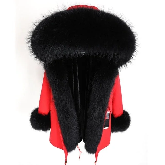 Women's Red with Black Natural Fox Fur Collar Coat Parka Jacket for Winter