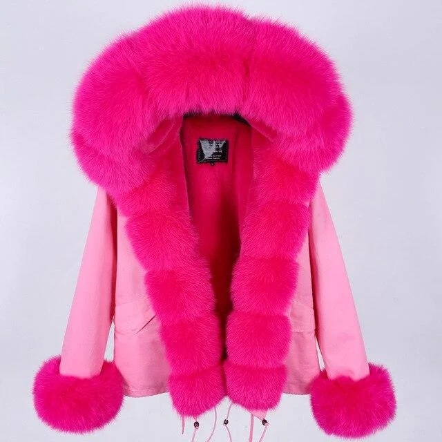 Women's Slim Natural Raccoon Fur Hooded Zipper Short Winter Jackets & Coats