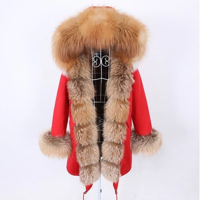 Women's Stylish Natural Fur Collar Hooded Long-Sleeved Winter Jacket in Red