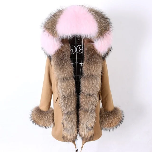 Women's Thick and Warm Winter Natural Racoon Fur Collar Khaki Color Jacket