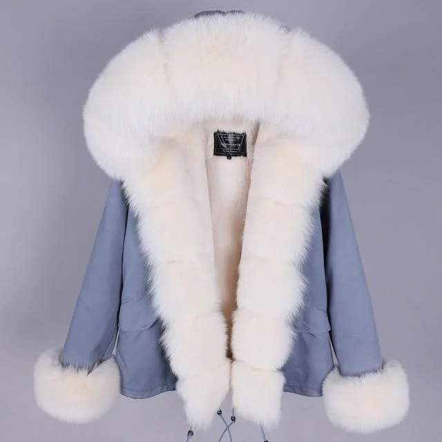 Women's Thick Short Winter Coat Big Natural Raccoon Fox Fur Hood Jacket