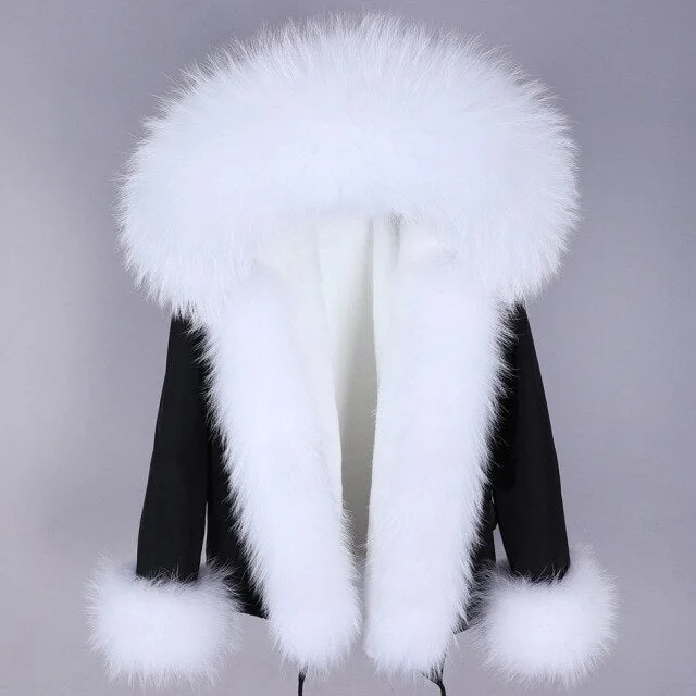 Women's Thick Warm Contrasting Natural Racoon Fur Sleeves and Collar Parkas