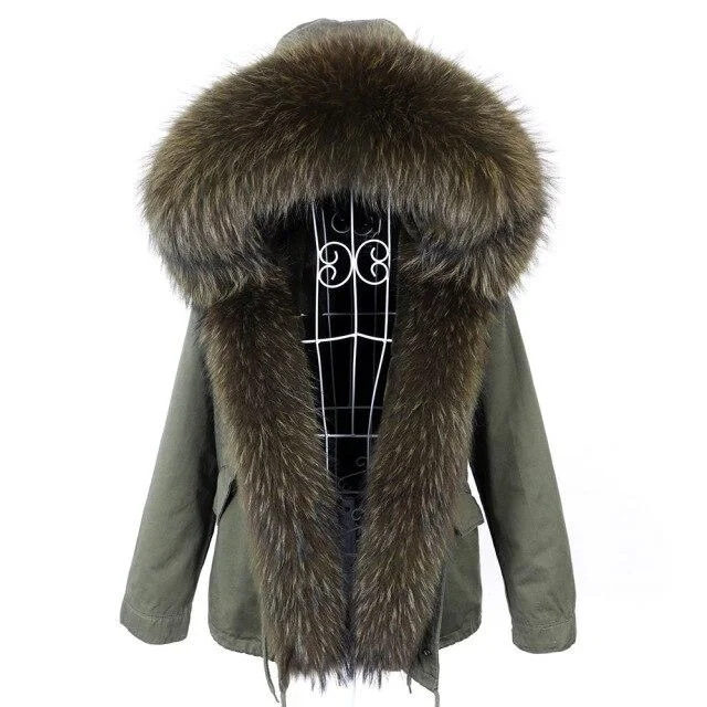 Women's Thick Warm Racoon Fur Collared Zipper closed Hooded Winter Jacket