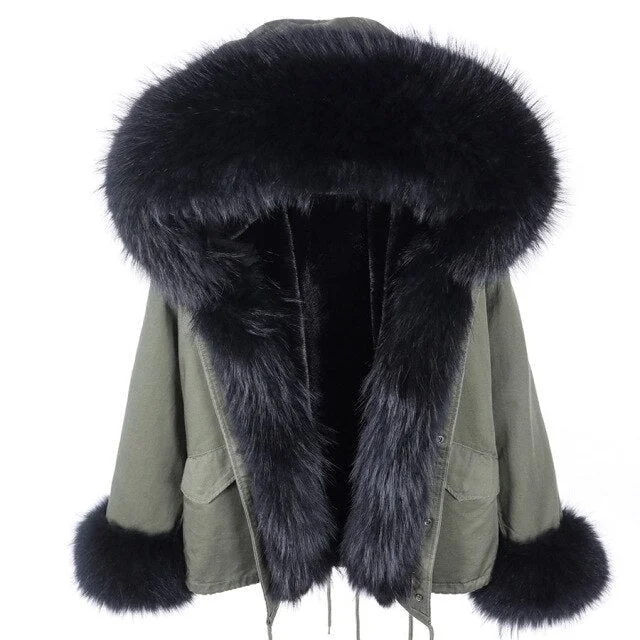 Women's Thick Warm Winter Jacket with Long Fur Sleeves and Fur Collar