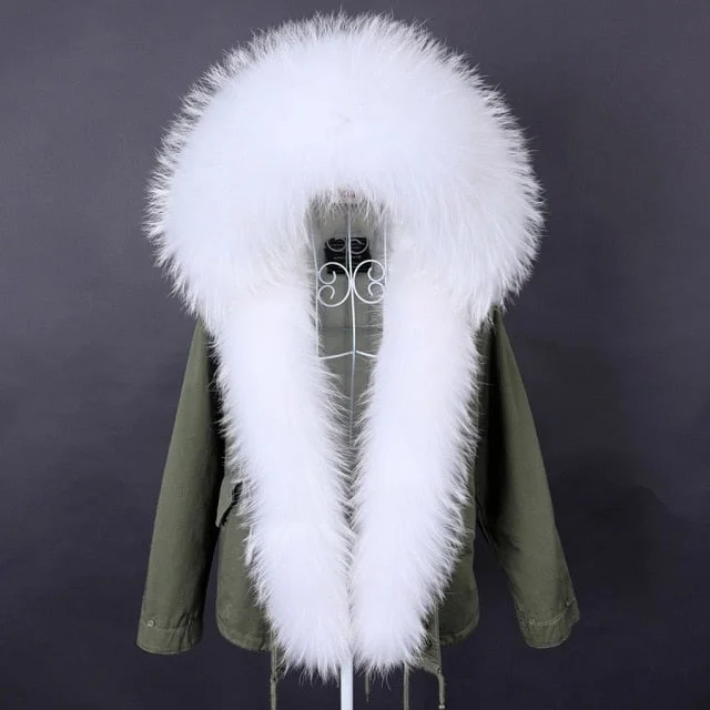 Women's White Natural Racoon Fur Collared Full Sleeves Winter Hooded Jacket