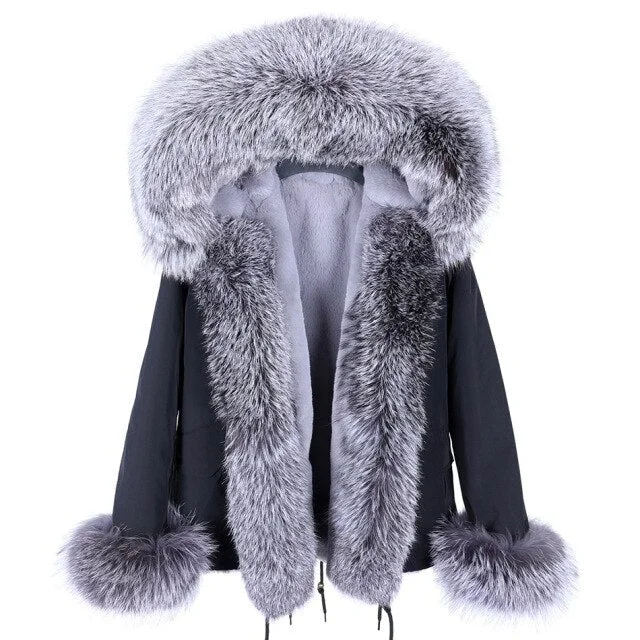 Women's Winter Fashion Full Sleeved Parkas with Natural Racoon Fur Trim