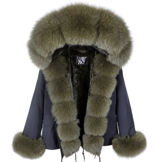 Women's Winter Natural Raccoon Fur Hooded Zipper Slim Short Coats & Jackets