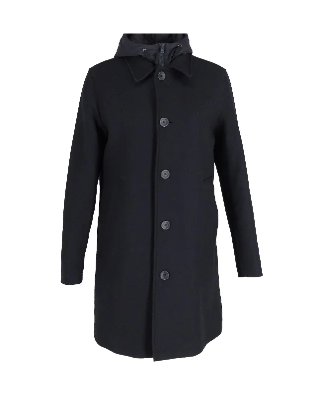 Wool Car Coat with Detachable Hooded Gilet in Black by Herno