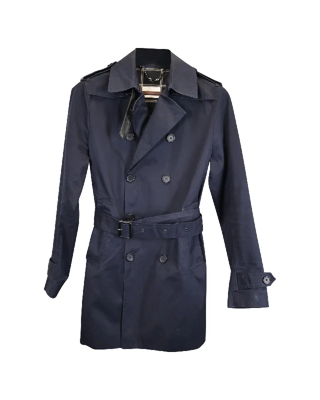 Navy Blue Cotton Double-Breasted Trench Coat