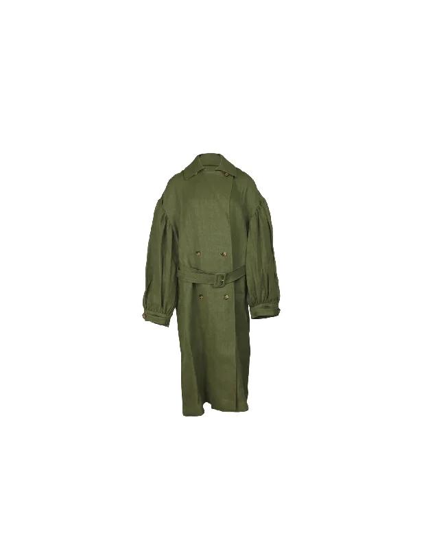 Oversized Linen Trench Coat with Puffed Sleeves in Green Olive