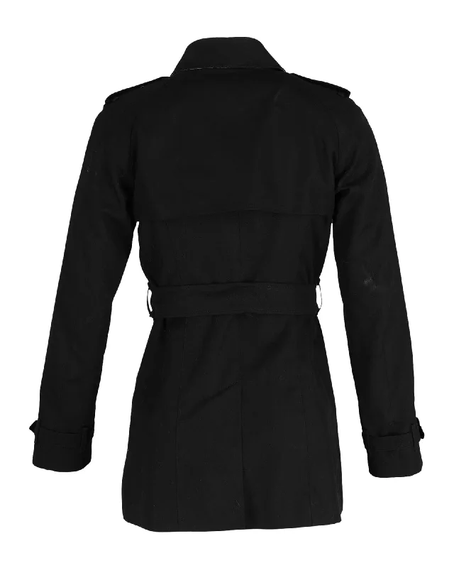 Double-Breasted Black Gabardine Trench Coat with Belted Detail