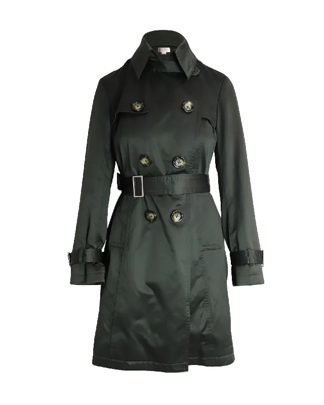 Double-Breasted Trench Coat in Olive Polyester