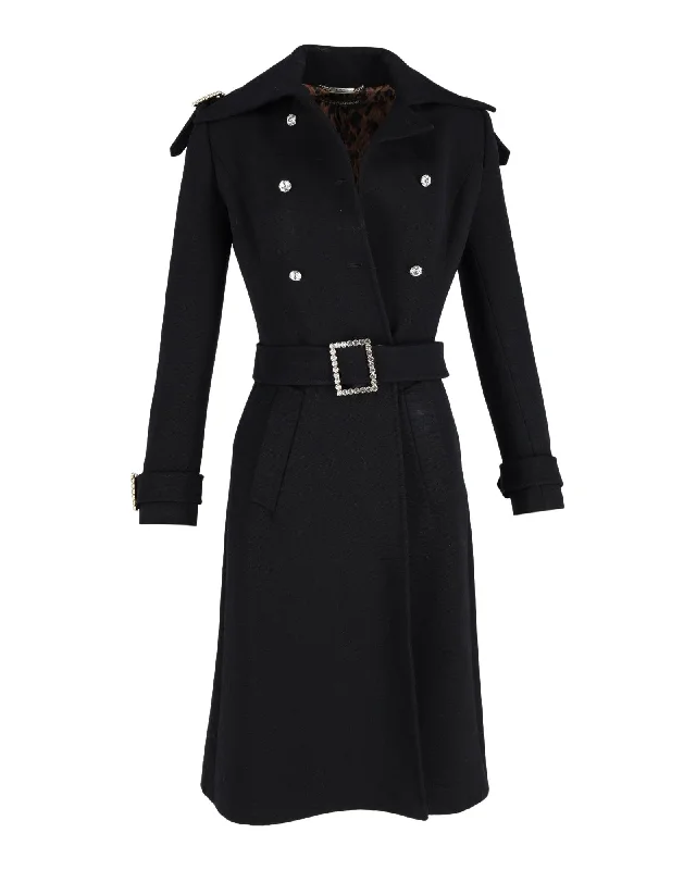 Double-Breasted Black Wool Coat with Crystal Buckles and Animal Print Lining