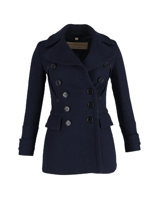 Navy Blue Wool Military Trench Pea Coat with Leather Trims