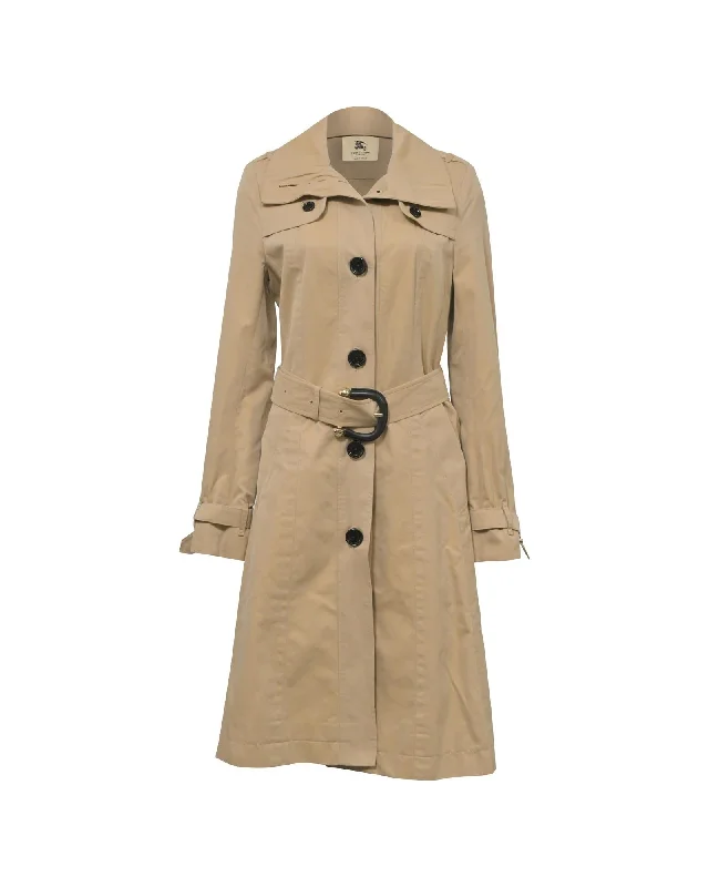 Classic Beige Polyester Trench Coat with Belt Closure and Slit Pockets