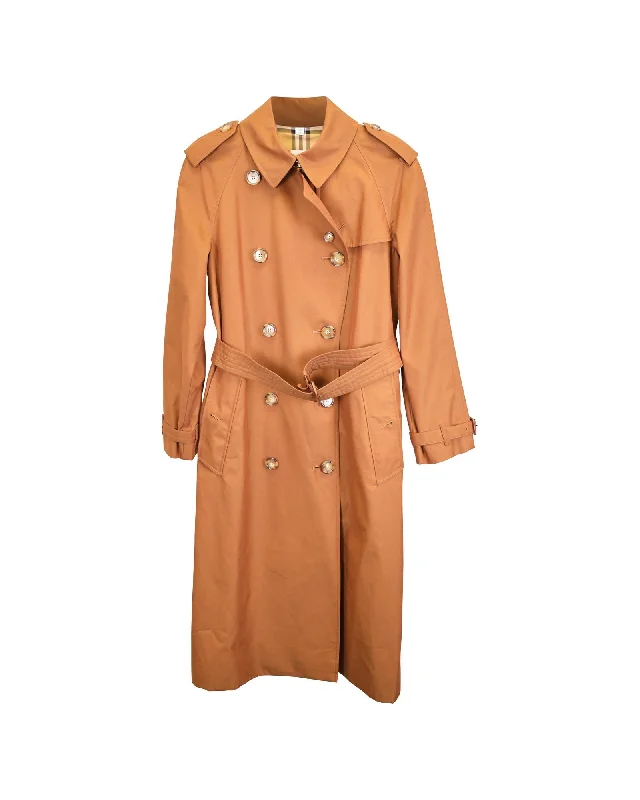 Brown Cotton Trench Coat with Checked Lining and Belted Waist