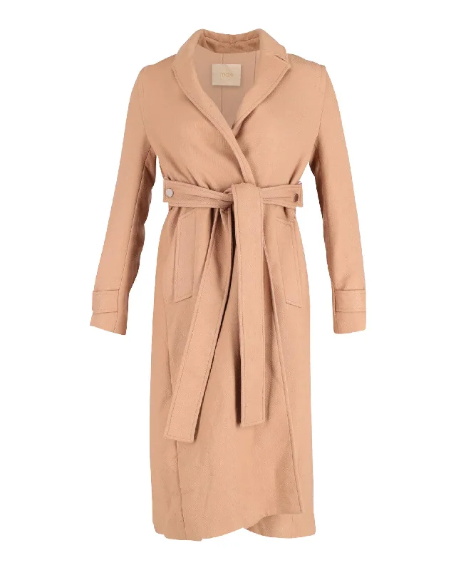 Beige Pleated Trench Coat with Belted Waist in Polyester