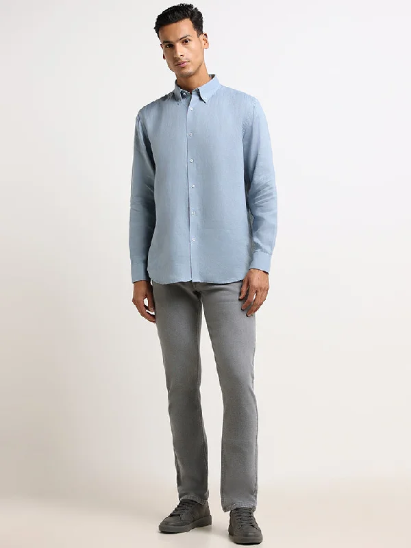 Ascot Blue Linen Blend Relaxed Fit Linen Shirt