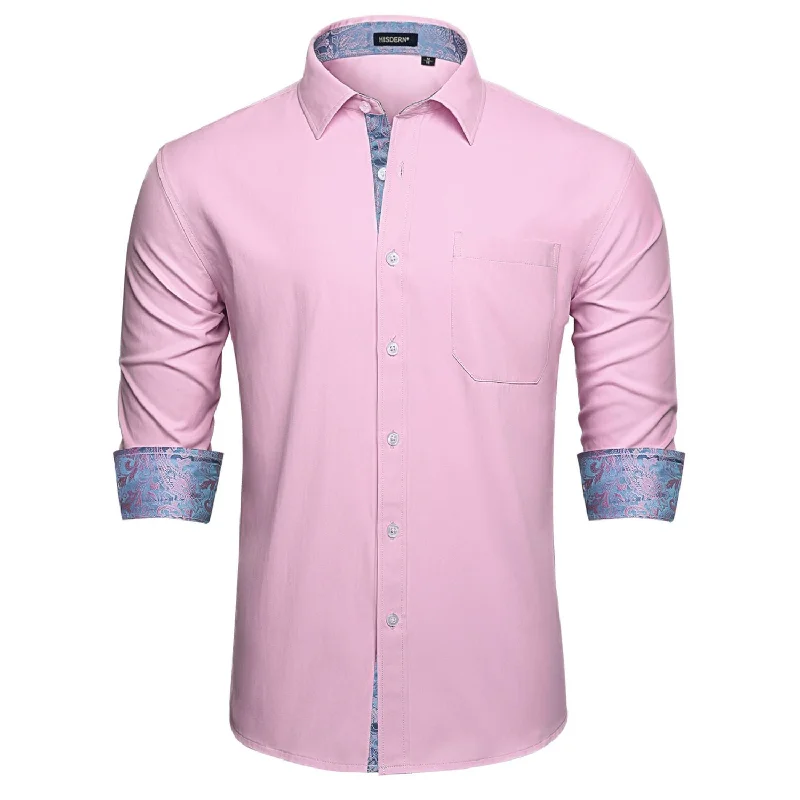 Men's Patchwork Dress Shirt with Pocket - PINK PURPLE