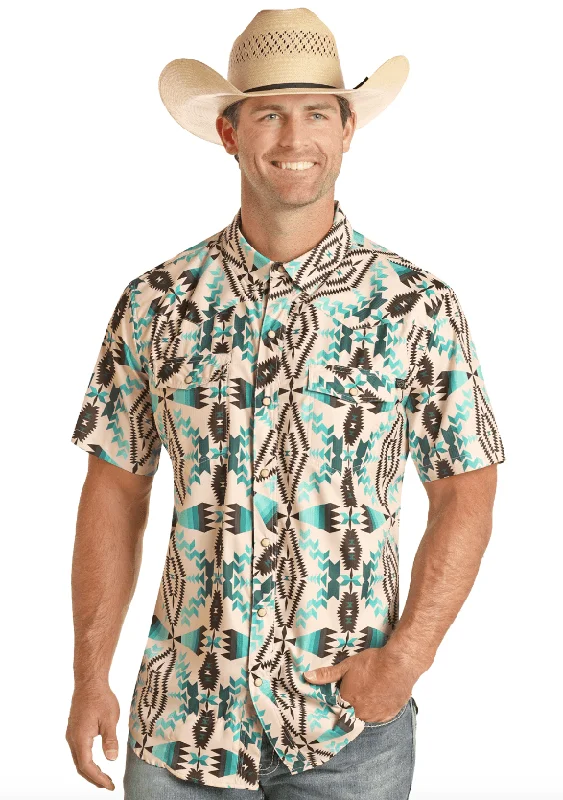 Rock & Roll Cowboy Men's Warm Sand with Teal & Black Aztec Print Short Sleeve Western Shirt RRMS1SR0RQ