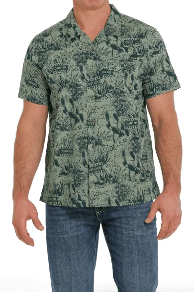 Cinch Men's Green Caution Cactus Print Short Sleeve Camp Shirt MTW1401026