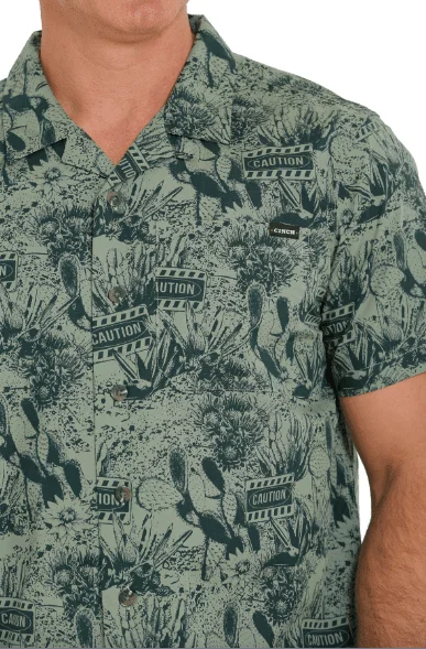 Cinch Men's Green Caution Cactus Print Short Sleeve Camp Shirt MTW1401026