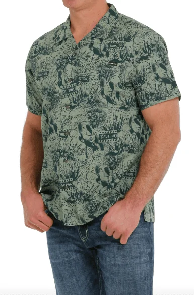 Cinch Men's Green Caution Cactus Print Short Sleeve Camp Shirt MTW1401026