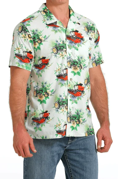 Cinch Men's Mint Tropical Tractor Print Camp Shirt MTW1401028