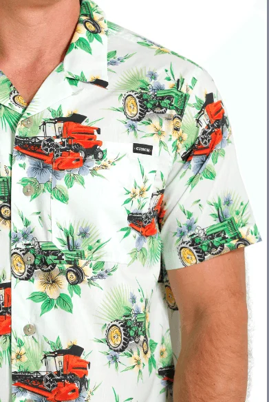 Cinch Men's Mint Tropical Tractor Print Camp Shirt MTW1401028