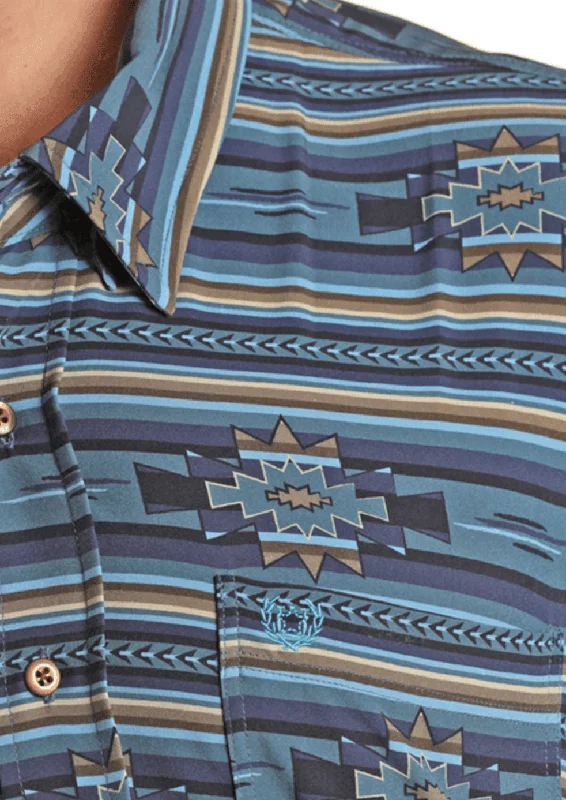 Panhandle Men's Performance Blue Aztec Button Down Short Sleeve Shirt PPMS1DR0XB