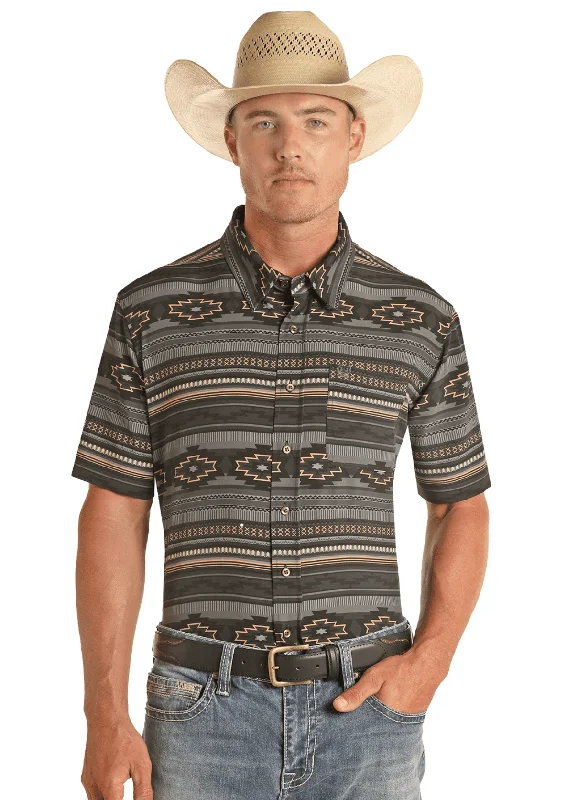 Panhandle Men's Performance Black Aztec Button Down Short Sleeve Shirt PPMS1DR0X5