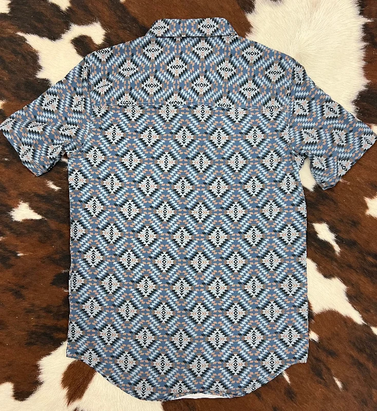 Panhandle Men's Performance Blue Aztec Print Button Short Sleeve Shirt PPMS1DR0VP