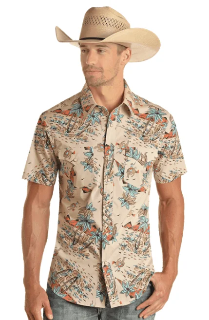 Rock & Roll Cowboy Men's Teal Tropical Print Short Sleeve Western Shirt RRMS1SR1VW