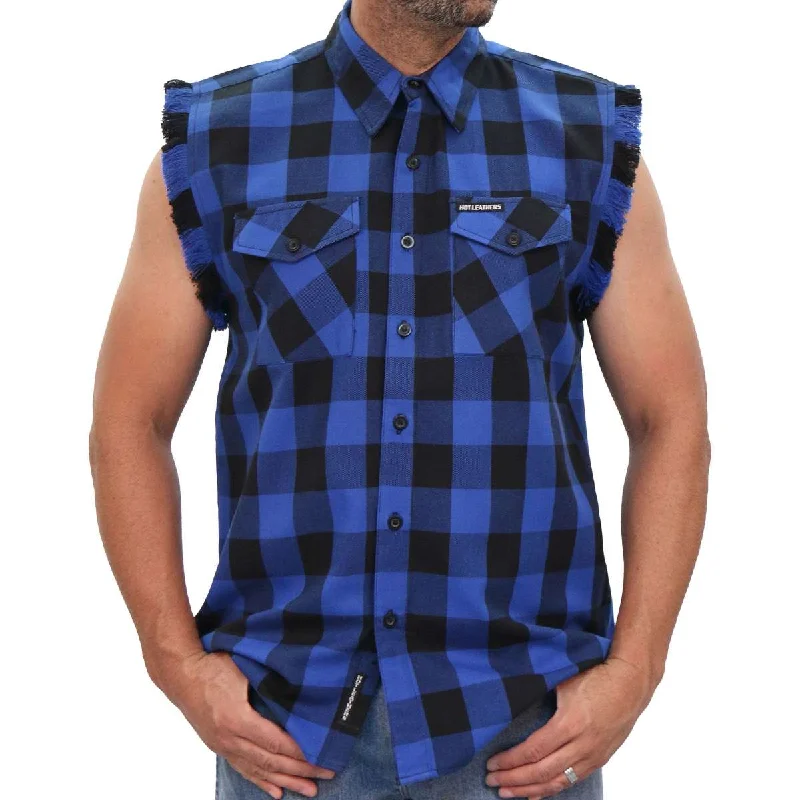 Hot Leathers FLM5208 Men's No Sleeve Fringe Blue and Black Flannel Shirt