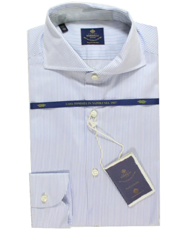 Luigi Borrelli Dress Shirt ROYAL COLLECTION - White Blue Stripes 39 - 15 1/2 Cutaway Collar