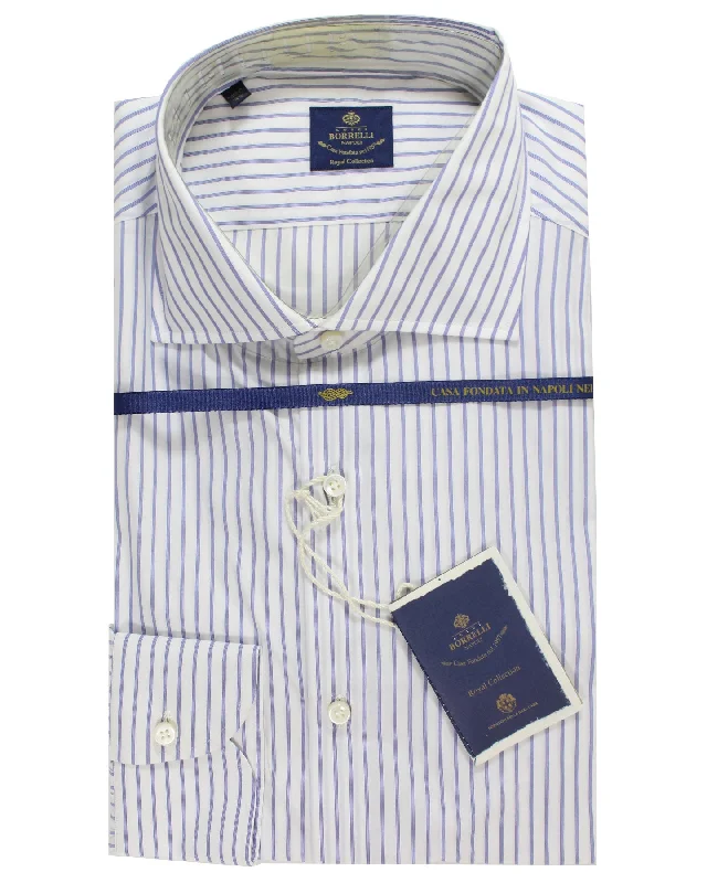 Luigi Borrelli Dress Shirt White Navy Quadruple Stripes Design 43 - 17 Royal Collection