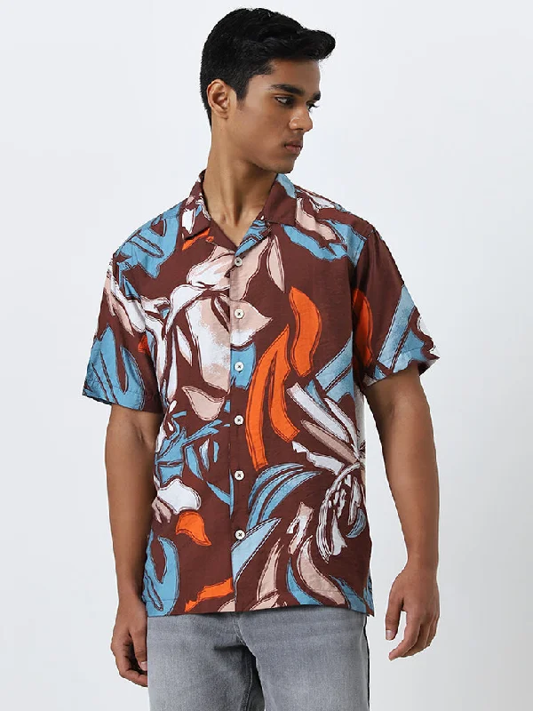 Nuon Brown Abstract Printed Relaxed-Fit Shirt