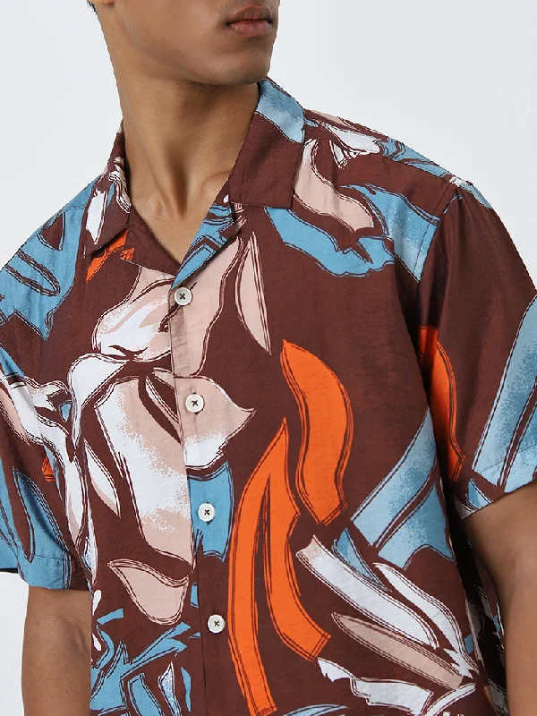 Nuon Brown Abstract Printed Relaxed-Fit Shirt