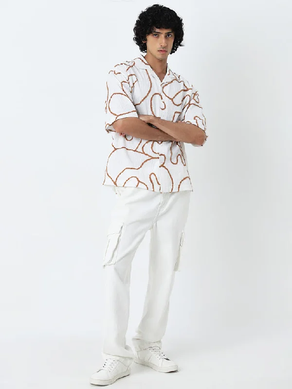 Nuon White Embroidered Seersucker Relaxed- Fit Cotton Shirt