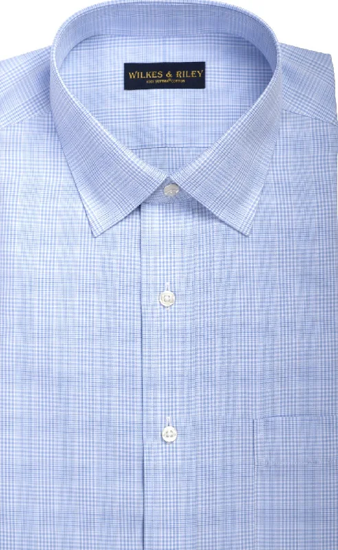 Tailored Fit Light Blue Glen Plaid Spread Collar  Supima® Cotton Non-Iron Broadcloth Dress Shirt